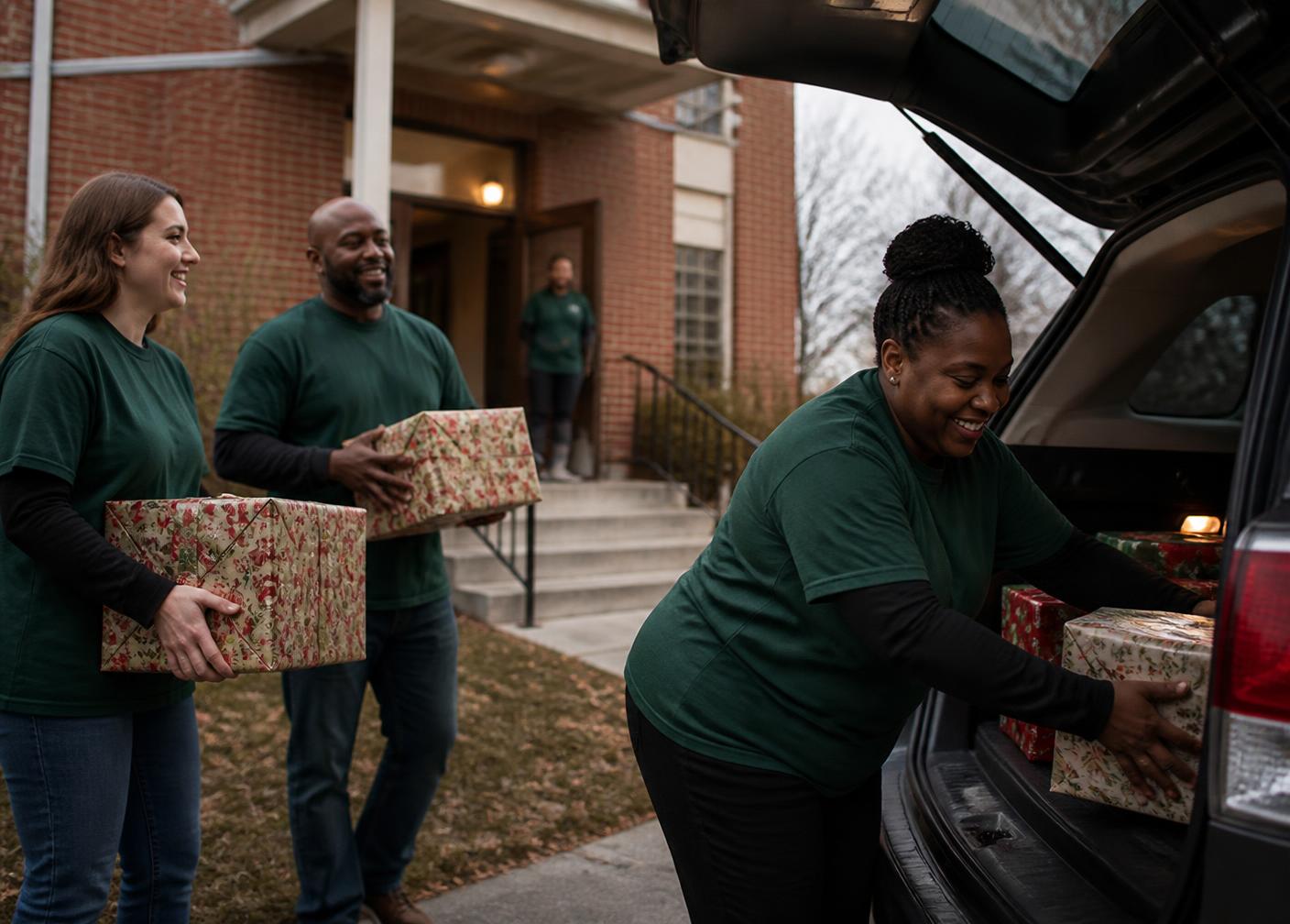 Volunteers in green shirts loading wrapped holiday gifts into a vehicle