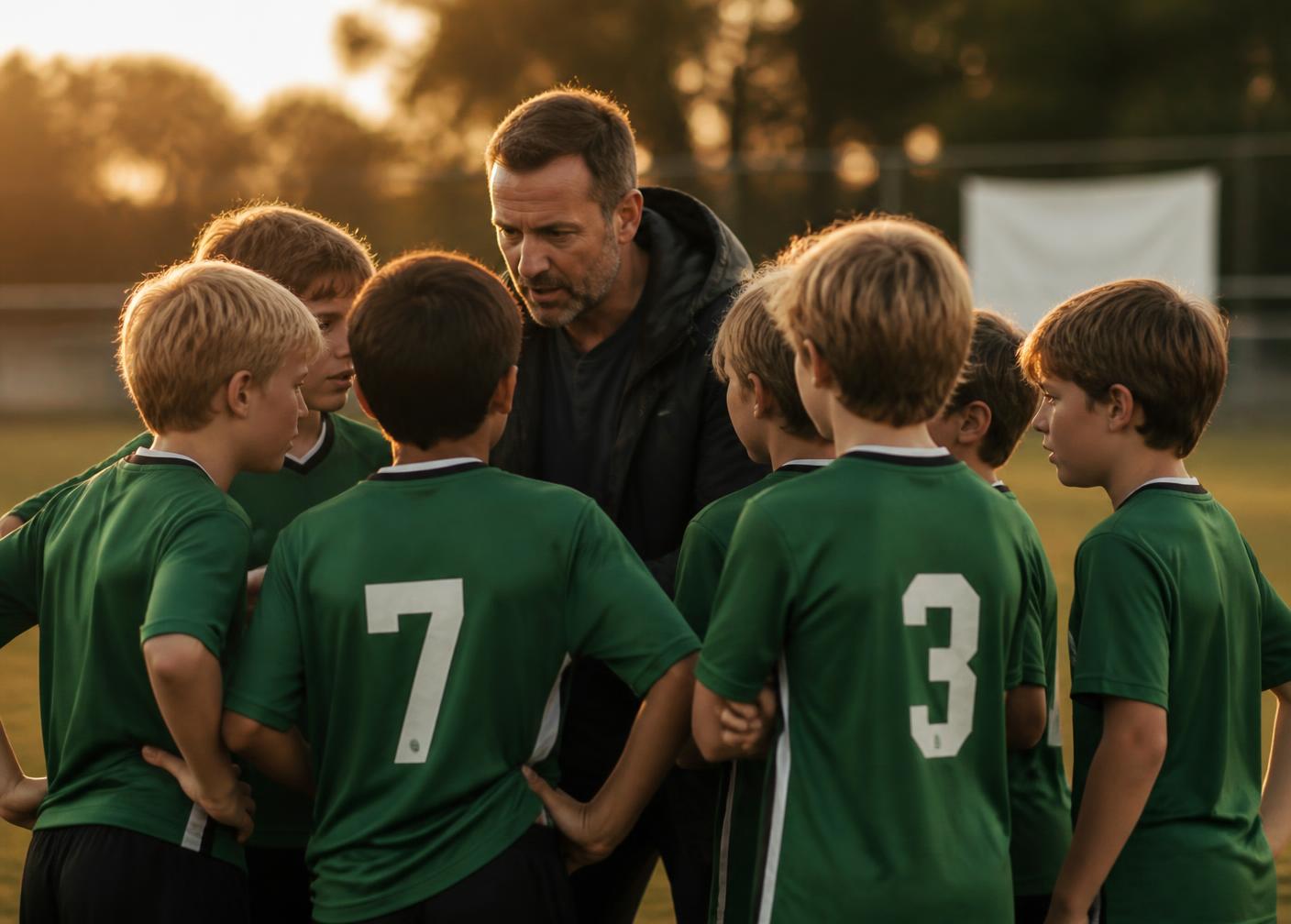 A youth sports team huddled with their coach on a field at golden hour